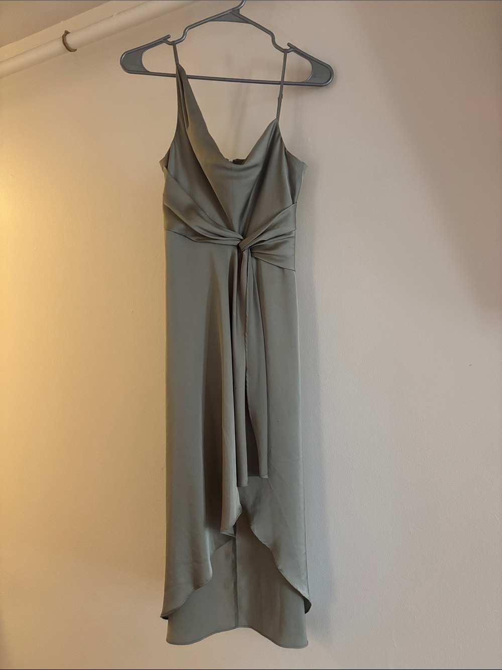 Ever New Sage Green Satin Knot-Front High-Low Slip Dress